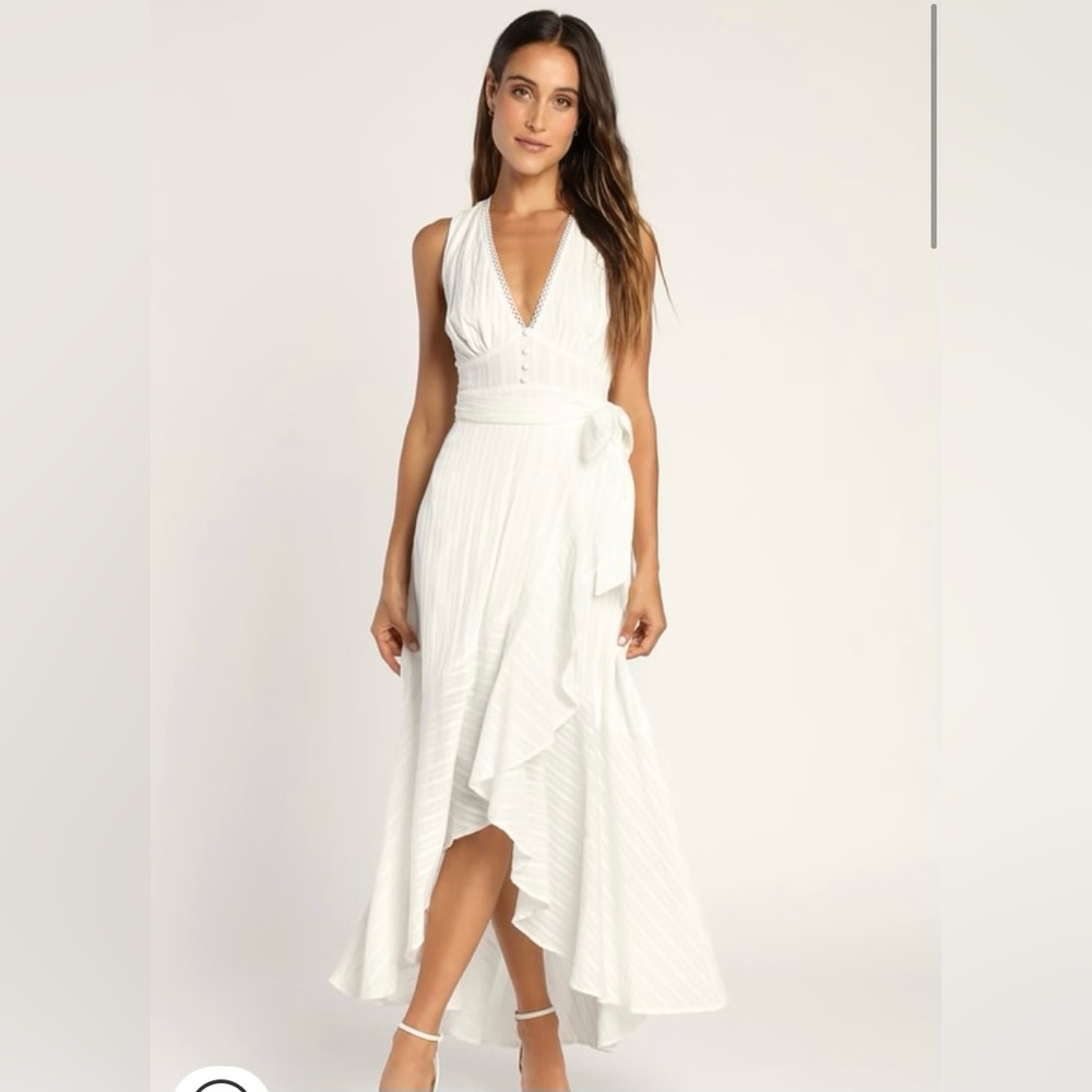 Lulu’s White Ruffled Belted Midi Dress